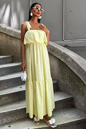 Etek Ucu Brode Nakışlı Boyundan Bağlamalı Elbise 2881