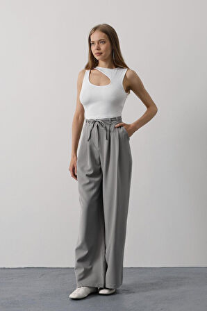 Pileli Bağcıklı Oversize Pantolon - Gri