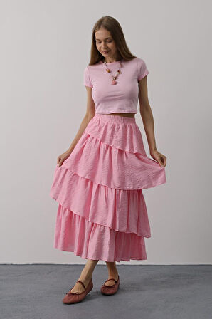 Katlı Kesim Uzun Etek - Pembe