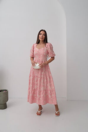 Pembe Süs Düğmeli Balon Kollu Elbise