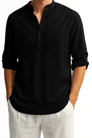 Erkek Uzun Kollu Hakim Yaka Düğmeli Erkek Müslim Gömlek