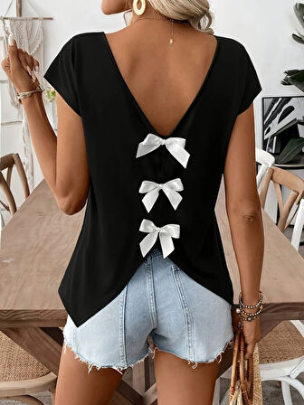 Kadın Kısa Kollu V Yakalı Arkadan Kurdele Detaylı Viskon Bluz