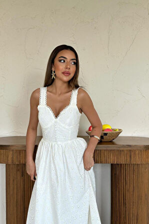 Ekru Dantel Detaylı Askılı Elbise