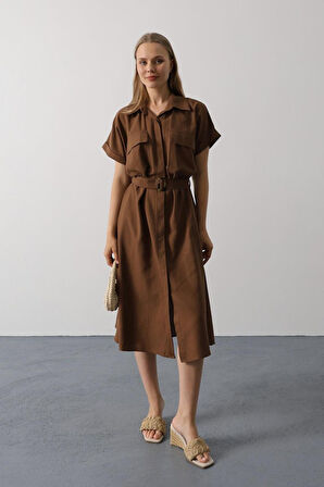 Kuşaklı Cep Detaylı Yarım Kol Elbise - Kahve