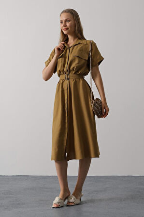 Kuşaklı Cep Detaylı Yarım Kol Elbise - Yağ Yeşili