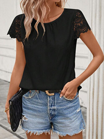 Kadın Kısa Dantel Kollu Bisiklet Yaka Sandy Bluz