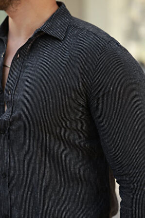 Erkek çizgi Desenli Uzun Kollu Pamuklu Keten Gömlek