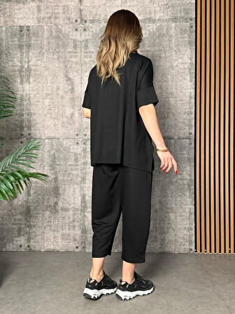 Kadın Kısa Kollu Bisiklet Yaka Viskon Iki Iplik Bluz Ve Pantolon Ikili Takım