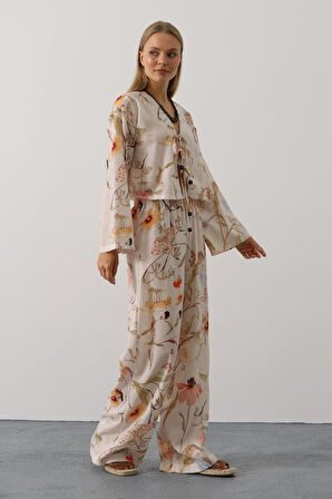 Çiçek Desen Önü Bağlamalı Pantolon Takım - Taş