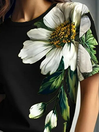 Kadın Kısa Kollu Bisiklet Yaka çiçek Baskılı Süprem Bluz