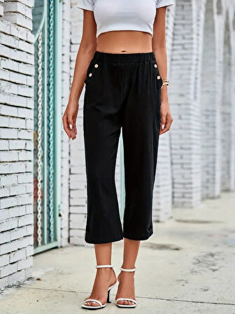 Kadın Beli Lastikli Düğme Ve Cep Detaylı Kapri Ithal Keten Pantolon
