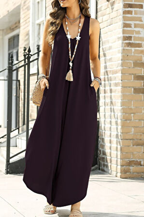 Kadın Askılı Yuvarlak Yaka Cepli Salaş Uzun Viskon Tulum