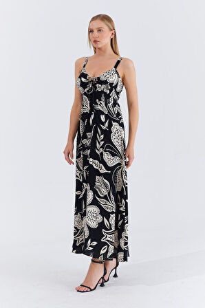 Askılı Viscon Elbise - Siyah