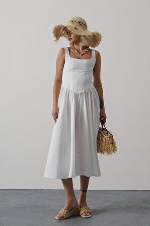 Askılı Uzun Elbise - Beyaz