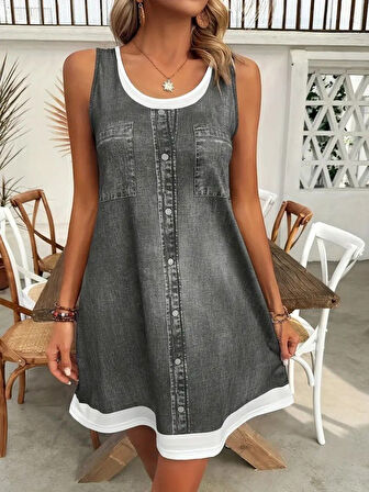 Kadın Askılı Yuvarlak Yakalı Kot Görünümlü Kısa Süprem Elbise