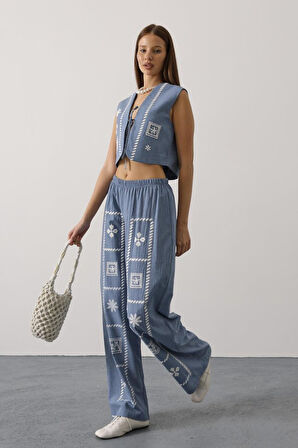 Baskılı Önü Bağlamalı Yelekli Takım - İndigo