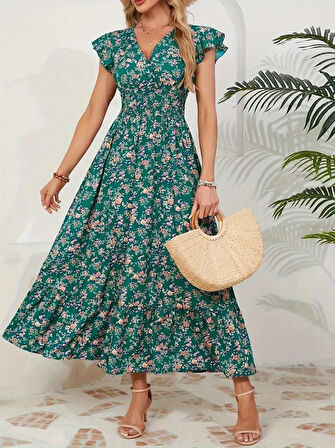 Kadın Kısa Kollu Kruvaze Yaka Beli Lastikli çiçek Desenli Elbise