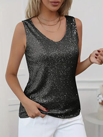 Pul Payetli Sıfır Kol Bluz -Siyah