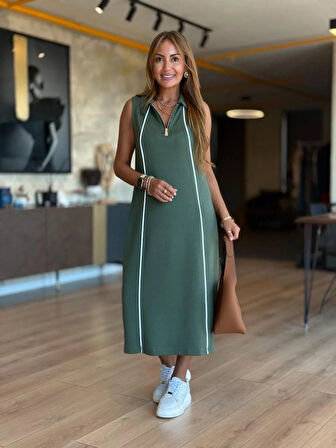 Kadın Modal Kumaş şerit Detaylı Fermuarlı Midi Elbise