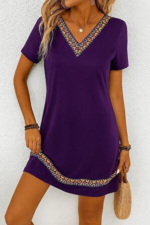 Kadın Kısa Kollu V Yakalı Etnik Desen şerit Detaylı Viskon Elbise