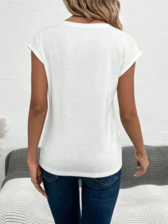 Kadın Kısa Kollu V Yakalı Kalp Desen Viskon Bluz