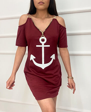 Fermuar Detay çıpa Baskılı Zincir Askılı Iki Iplik Elbise - Bordo
