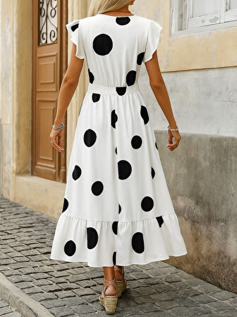 Kadın Kısa Kollu Kruvaze Yakalı Fırfırlı Süprem Elbise