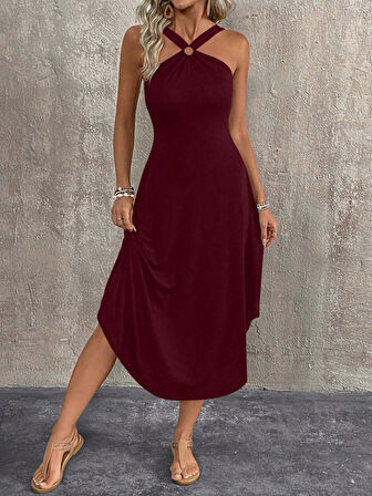 Kadın Boyundan çapraz Askılı Halka Detaylı Asimetrik Kesim Viskon Elbise