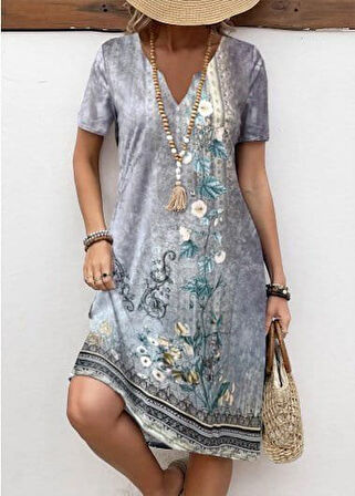 Kadın Kısa Kollu V Yakalı Desenli Süprem Elbise