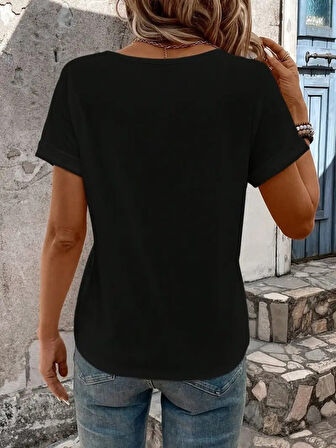 Kadın Kısa Kollu V Yakalı şerit Detaylı Viskon Bluz