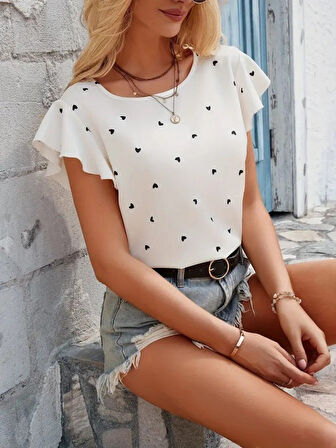 Kadın Kısa Kelebek Kollu Bisiklet Yaka Kalp Desenli Süprem Bluz