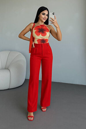 Kadın Yüksek Bel Plise Detay Bol Paça Pantolon