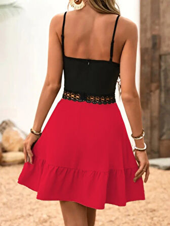 Kadın Ip Askılı Kruvaze Yaka Bel Dantel Ithal Krep Elbise