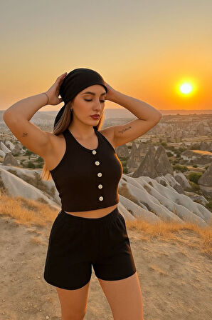 Kadın Düğme Detay Kaşkorse Kumaş Atlet