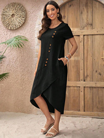 Kadın Kısa Kollu Bisiklet Yaka Düğme Detay Müslim Elbise