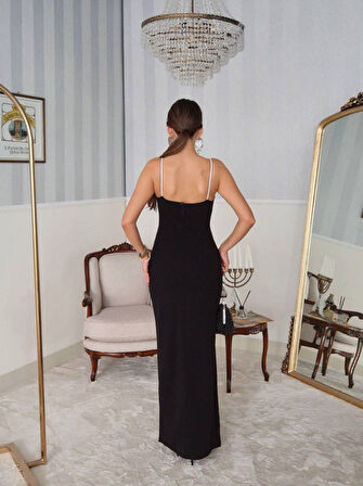 Kadın Omuz Askılı Derin Yırtmaç Detay Maxi Boy Elbise