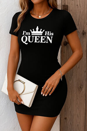 Kadın Kısa Kollu Queen Baskı Iki Iplik Mini Elbise