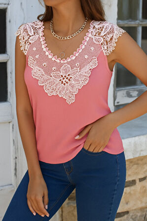 Kadın Kolsuz Dantel Yaka Kaşkorse Bluz
