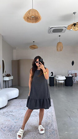 Kadın Bisiklet Yaka Eteği Volanlı Bürümcük Elbise