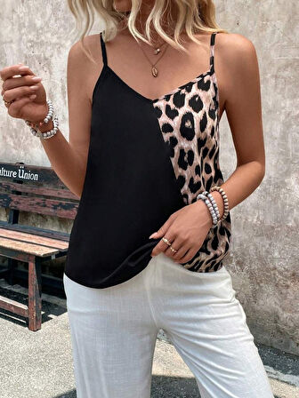 Kadın Ip Askılı V Yakalı Leopar Desenli Viskon Bluz