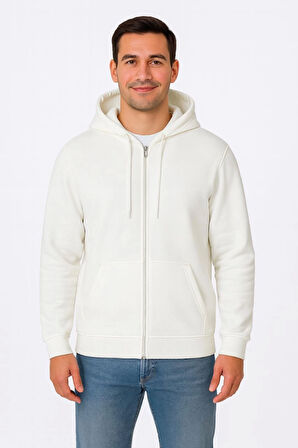 Erkek Üç İplik Kapüşonlu Tam Fermuarlı Kanguru Çepli SweatShirt Hoodie - Beyaz