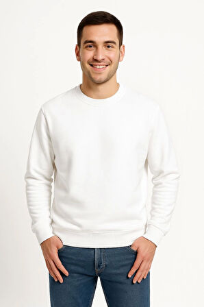 Erkek Üç İplik Düz Bisiklet Yaka SweatShirt - Beyaz
