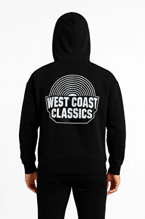 Erkek Üç İplik Kapüşonlu Ön Ve Arka Baskılı SweatShirt Hoodie - Siyah