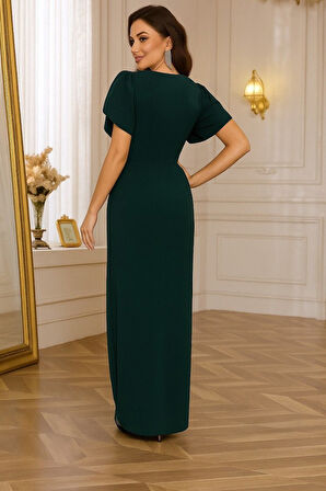 Kadın Kısa Kollu Kruvaze Yakalı Belden çiçek Aksesuarlı Yırtmaçlı Ithal Krep Elbise