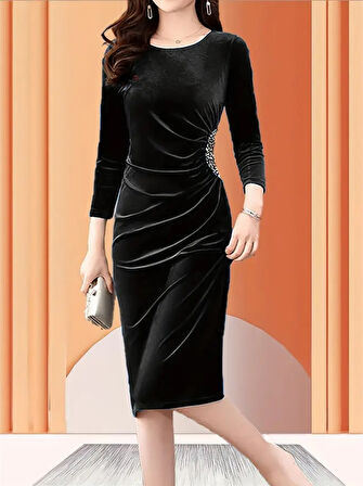 Kadın Uzun Kollu Bot Yaka Yanı Taş Detaylı Midi Kadife Elbise