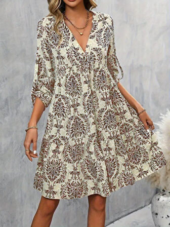 Kadın Uzun Kollu V Yakalı Fırfırlı Mini Süprem Elbise