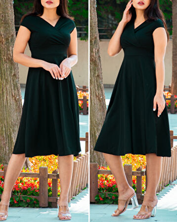 Düşük Omuz Eteği Pileli Krep Kumaş Midi Boy Elbise