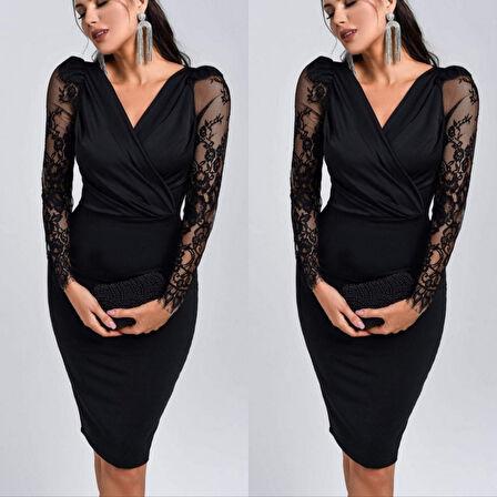 Kadın Uzun Kollu Kruvaze Yaka Kollar Tül Detay Krep Mini Boy Elbise