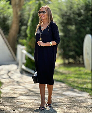 Kadın Uzun Kollu V Yaka Iki Yanı Cepli Salaş Iki Iplik Elbise