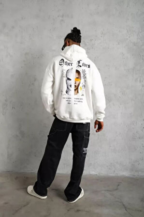 Erkek Sırt Baskılı Oversize Üç İplik Kapüşonlu Sweatshirt - Beyaz